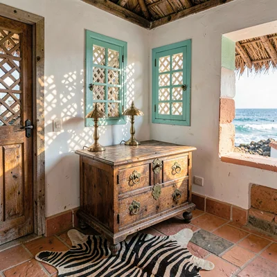 Coastal architecture photograph with Swahili influences, Antique wooden chest wi