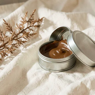Warm product still of a tin of pomade open on cream linen, dried cedar sprig bes