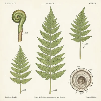 A fern unfolding: five stages from tight fiddlehead to fully unfurled frond on a