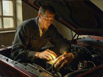 A mechanic under a car hood, trouble light creating Vermeer shadows on greasy ha
