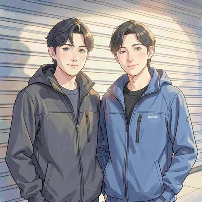 Lamp-line group portrait of two couriers in matching jackets in front of a rolle