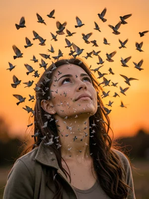 Woman looking up, her face dissolving into a flock of starlings against orange s