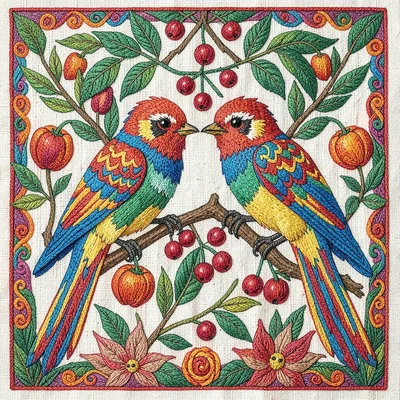Otomi Tenango embroidery illustration, two birds meeting on a branch with berrie