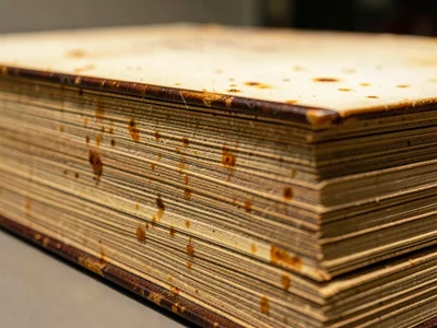 Fore-edge of antique leather-bound book, amber-toned page strata with foxing spo