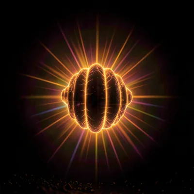 A small shell with ridged surface, orange-gold corona discharge outlining every 
