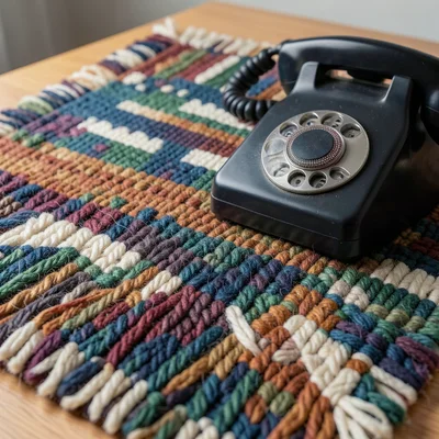 A rotary phone on a desk, the dial rendered in concentric rings of different car