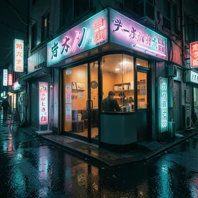 A neon-lit ramen shop exterior, the warm orange interior visible through rain-st