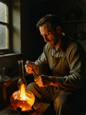 A glassblower at the furnace, the molten glass glowing orange, illuminating face
