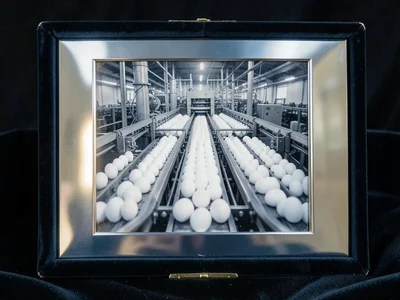 An industrial egg-sorting machine from a processing plant, dozens of white eggs 