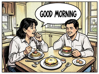 Everyday breakfast scene rendered in Lichtenstein dot pattern, speech bubble say