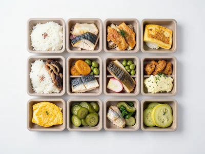 A bento box deconstructed: rice, fish, pickles, tamagoyaki, each in its compartm