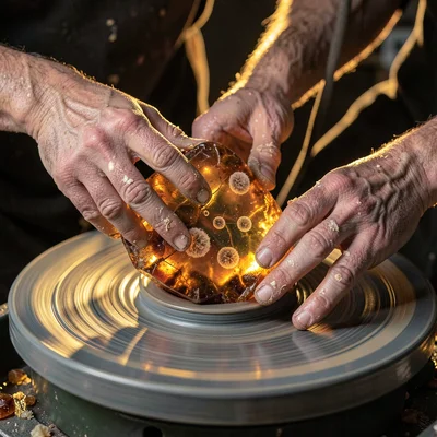 Baltic amber luminescence, backlit golden-brown, Hands polishing a large amber s