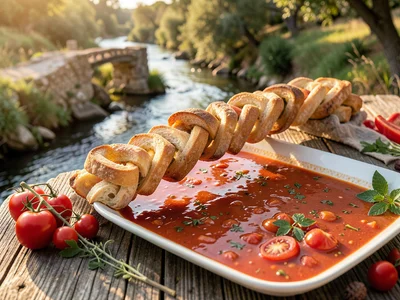Bridge constructed from breadsticks spanning a river of tomato soup