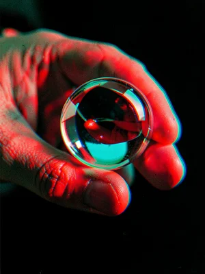 A close-up of a human hand holding a glass marble, the sphere's depth emphasized