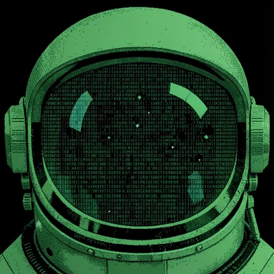 An astronaut helmet visor close-up in dense ASCII, the reflection of space visib