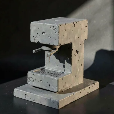 Espresso machine reimagined as a brutalist landmark, group head as cantilever, d