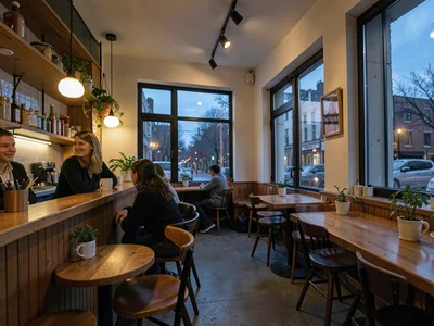 Cafe interior warm against cool twilight