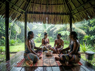 Open-air fale life in Samoa after rain, A family gathered in a fale during rain,