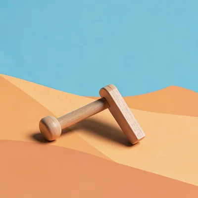 Block-color story flatlay of a wooden pull toy on a dune ground, generous negati
