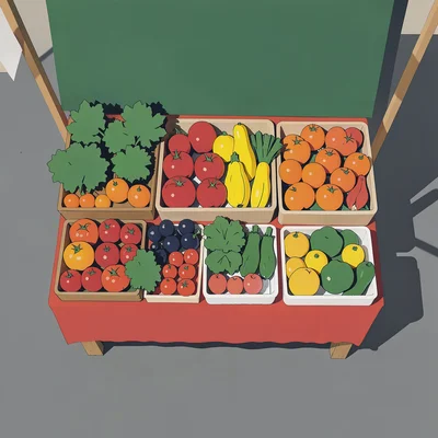 Market stall viewed from above — pure flat shapes of produce and shadows