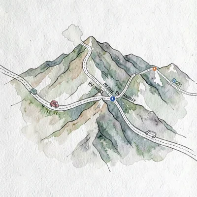 Watercolor map of a mountain range crossing with switchbacks and RV-friendly mar