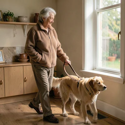 Environmental portrait of an older woman in a fleece walking a senior dog on a w