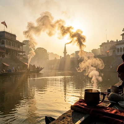 Sacred smoke catching golden Ganges light in Varanasi, Cremation smoke rising fr