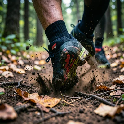 Close-up of running shoes hitting a forest trail, dirt and leaves kicking up