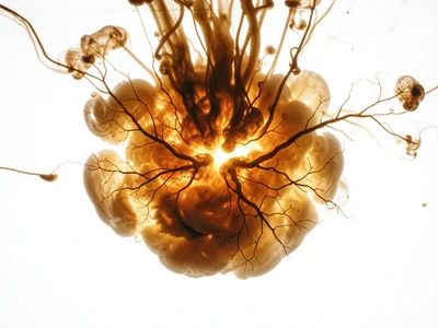 Warm sepia ink dispersing in water against backlight, amber cloud with bright ce