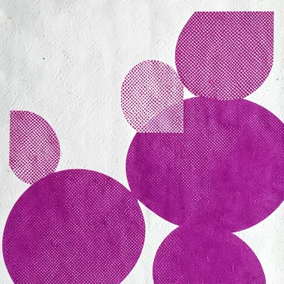Riso poster of overlapping halftone foam-bubble shapes, single magenta spot colo