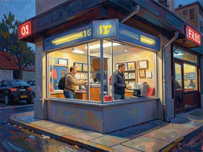 Drive-through window exchange rendered in impressionist style, warm and cool lig