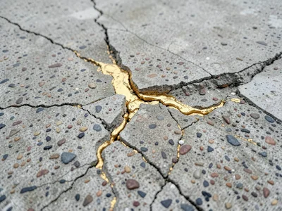 Cracked concrete repaired with gold-colored epoxy injection, kintsugi philosophy