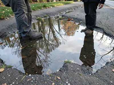 Same person reflected in two adjacent puddles, identical source different water 