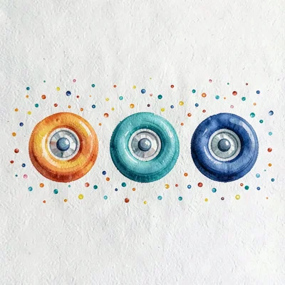 Gouache scene of three small wheels in a row, graduated rind tones, micro-confet