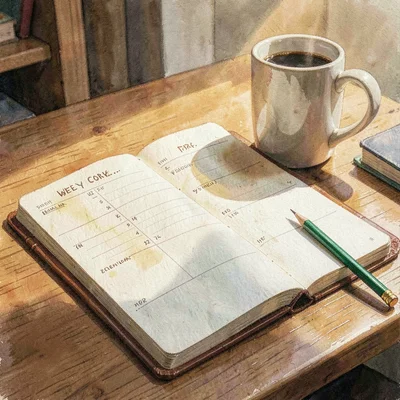 Warm gouache painting of a weekly planner open on a desk beside a coffee mug and