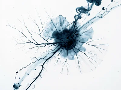 Ink on wet paper, pigment spreading along cellulose fibers creating feathered ed