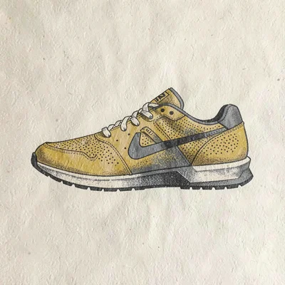 Riso poster of a single running shoe in profile in mustard and slate spot inks o