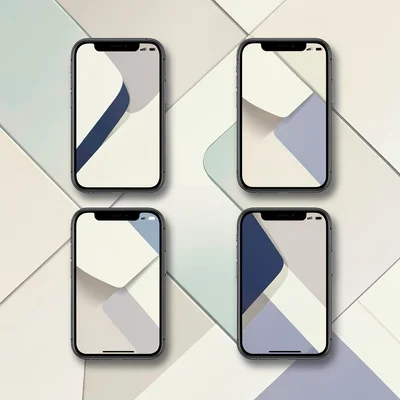 Screenshot grid of four phones forming a diamond, abstract meditation UI, soft d