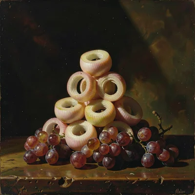 Onion rings stacked in pyramid formation, oil glistening like Dutch still life g