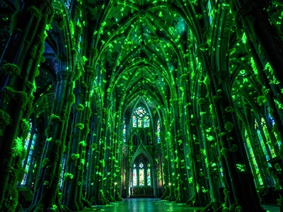 Cathedral where every surface is covered in bioluminescent lichen, glowing inter