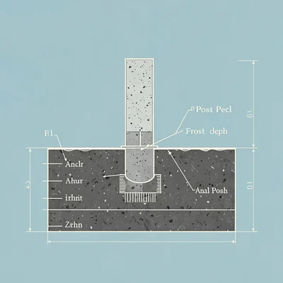 Drafting-style cutaway of a footing with concrete pier, post anchor and frost de