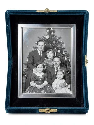 Daguerreotype-style Christmas family portrait, formal Victorian holiday pose