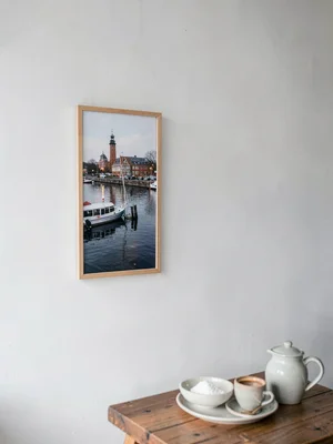 Comfortable grey harbor light in Gothenburg, Sweden, the negative space of a whi