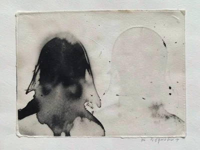 Double ghost print, third pull from same plate showing barely-there traces, ink 