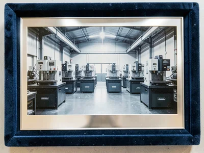 A row of eight identical CNC milling machines in a precision workshop, photograp