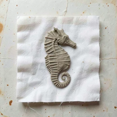 Single pressed-clay seahorse on a square of bone-white cotton, ribs and dorsal f