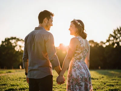 Couple holding hands backlit