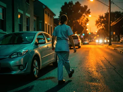 Nurse ending her shift, walking to her car, protagonist of her own exhaustion