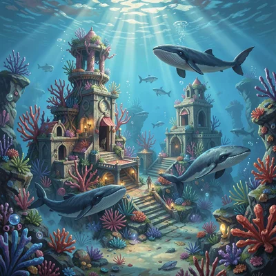 Fantasy environment illustration, an underwater kingdom with coral towers, whale