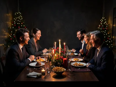 Extended family around holiday dinner table, crackers, candles, laughter